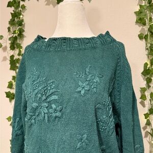 Vintage Grandma Core Floral Embroidered Chunky Knit Sweater Cottagecore Cozy